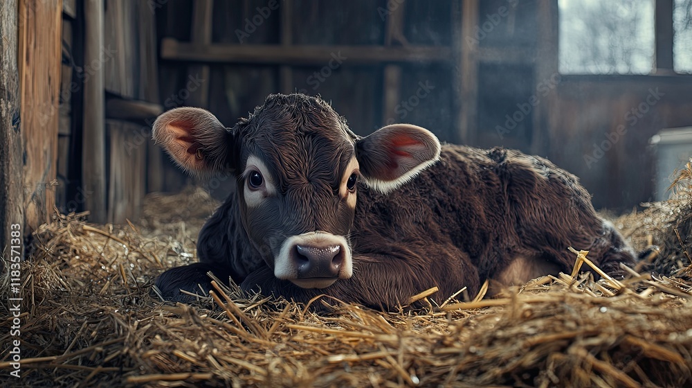 Fototapeta premium Newborn calf resting in barn straw, rustic setting.