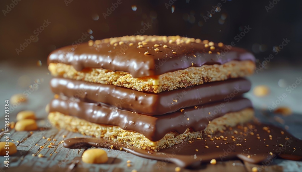 A stack of chocolate-covered cookies with melted chocolate drizzling down the side, with scattered cookie crumbs and chocolate sprinkles. A stack of chocolate-covered cookies with melted chocolate drizzling down the side, with scattered cookie crumbs and chocolate sprinkles.
