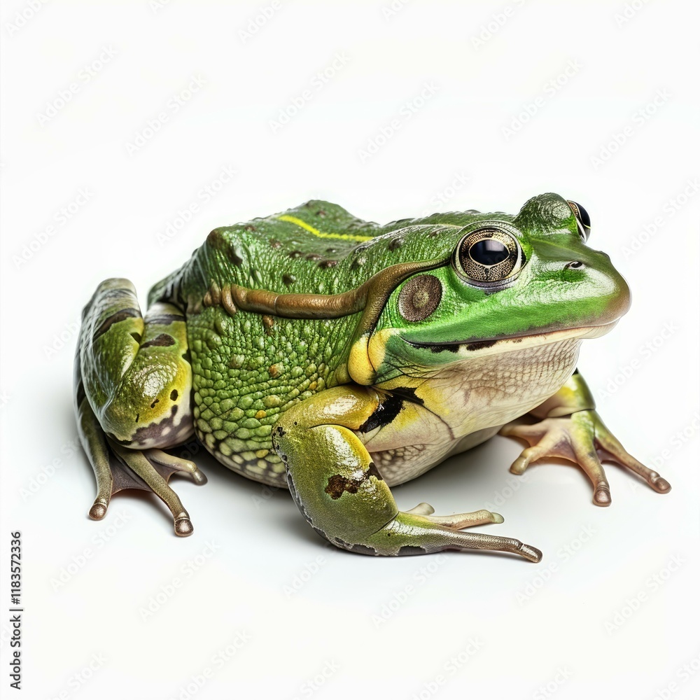Obraz premium Green frog with yellow stripes sitting on a white background