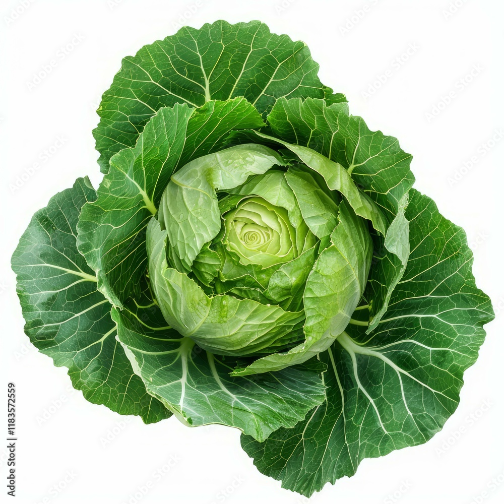 Fototapeta premium Fresh green cabbage with intact outer leaves, isolated on a white background with slight shadows