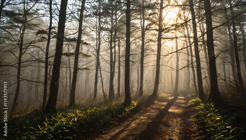 Fototapeta premium Promenade en forêt au lever du soleil