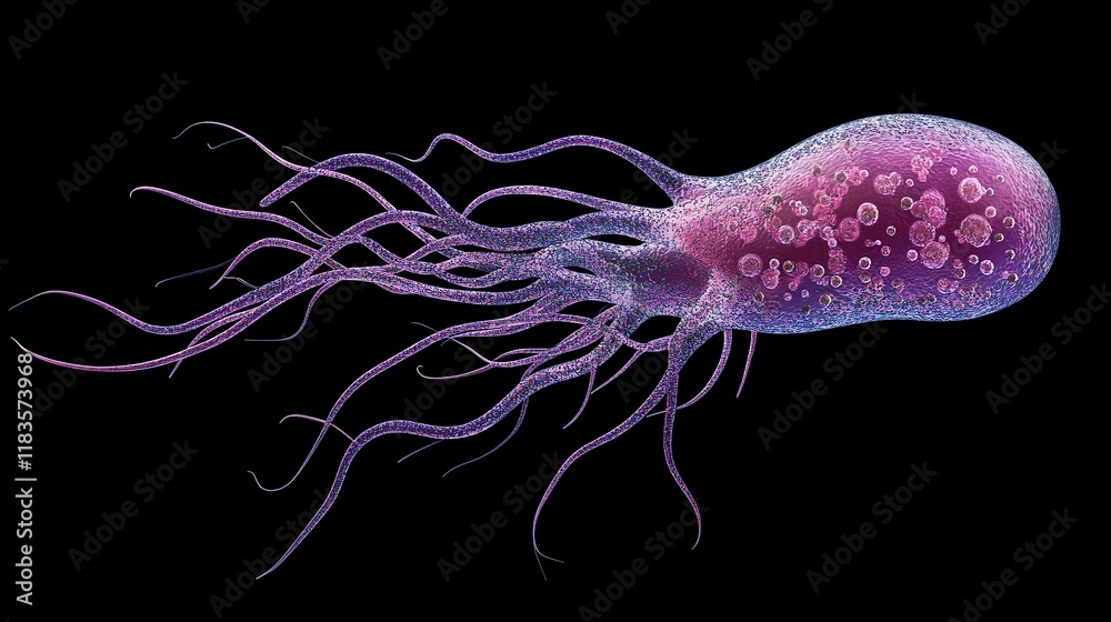 Fototapeta premium Microscopic view of a single purple bacterium with numerous flagella against a black background.