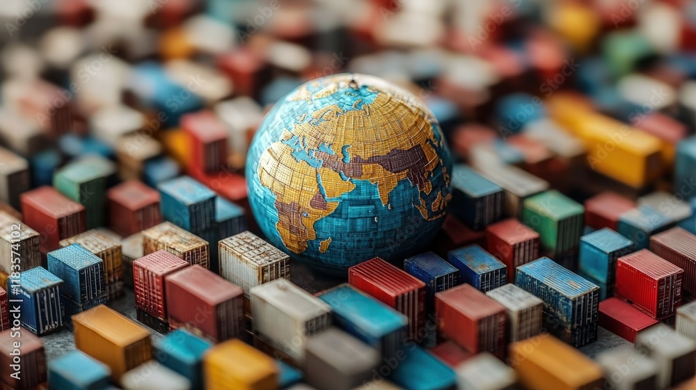 Miniature Globe Surrounded by Colorful Cargo Containers Representing Global Trade and Shipping Logistics in a Detailed Close-Up View Miniature Globe Surrounded by Colorful Cargo Containers Representing Global Trade and Shipping Logistics in a Detailed Close-Up View