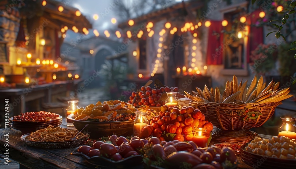 Fototapeta premium A rustic table laden with fresh fruit, bread, and vegetables, illuminated by flickering candlelight in the center of a cobblestone courtyard.