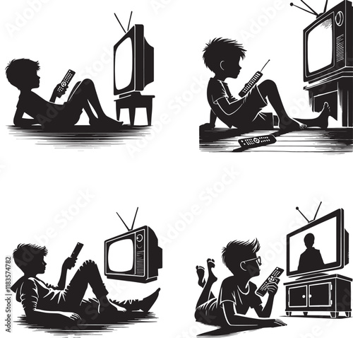 A boy lay down on floor and watch tv black and white silhouette in a vector farm 