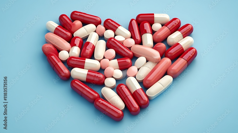 Colorful Capsules and Pills Arranged in a Heart Shape Against a Soft Blue Background, Symbolizing Love for Health and Wellness Colorful Capsules and Pills Arranged in a Heart Shape Against a Soft Blue Background, Symbolizing Love for Health and Wellness