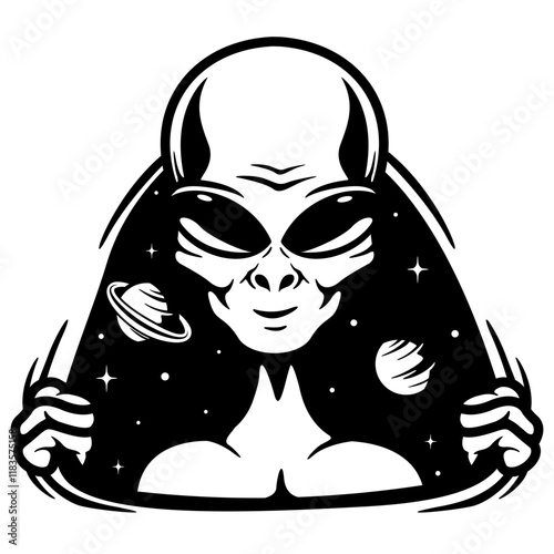 Alien Invasion | UFO | Extraterrestrial | Alien | Peeking Alien | Alien in Outer space | Alien with Planets Scene | Astrology | Original Illustration | Vector and Clipart | Cutfile and Stencil