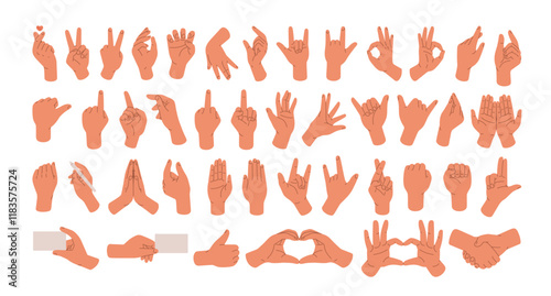 Hand gestures, poses set. Showing peace, victory, ok, thumb up and praying signs. Fist, pointing finger, palm, love heart, rock and handshake. Flat vector illustrations isolated on white background