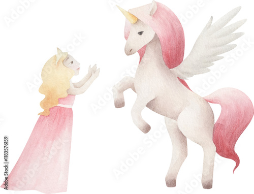 Watercolor vector pegasus and princess. Vector illustration for girls.