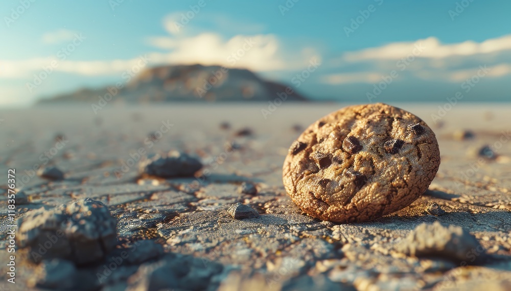 A single chocolate chip cookie sits on a cracked, dusty surface with small rocks scattered around it. A distant mountain is visible in the background. A single chocolate chip cookie sits on a cracked, dusty surface with small rocks scattered around it. A distant mountain is visible in the background.