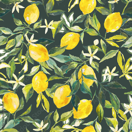 Beautiful seamless pattern with watercolor fresh lemons with leaves and flowers in sunny Mediterranean style. Ready summer print design for wallpapers, wrappings, textile. photo