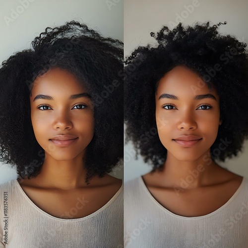 Realistic before-and-after portrait of an African American woman with naturally curly hair. In the 'before' image, she has a neutral expression, standing outside against a simple wall background