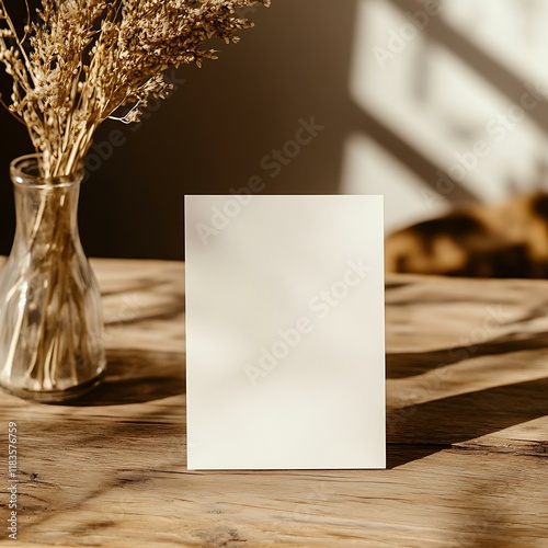 a scene, its a modern elegent stylish and quirky home. The focal point of this image will be a small invitation lying down flat on a benchtop. the inviation is a single one sided piece of paper. photo