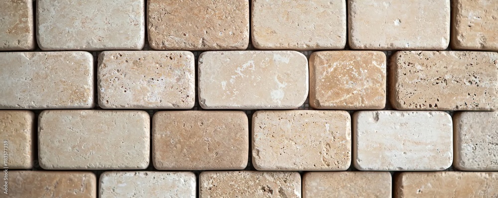 Obraz premium Bathroom renovation construction concept. Textured wall made of beige and cream-colored bricks.