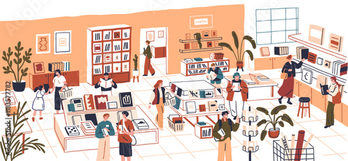 Book store interior with shelves. Customers choosing and buying literature to read and study. Readers buyers walking, searching in modern retail bookstore, shop space. Flat vector illustration