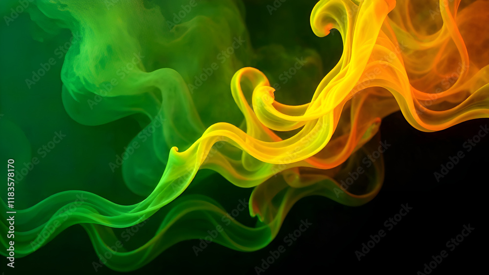 Abstract Background. A vibrant swirl of green and yellow smoke dances and twirls against a striking black background, creating a captivating visual effect