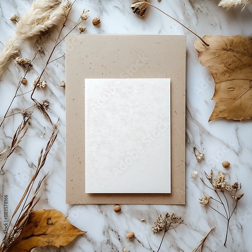 wedding invite a5 size mock up, minimal classy, recycled paper in background, dried leaves