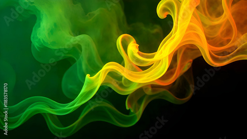 Obraz na płótnie Abstract Background. A vibrant swirl of green and yellow smoke dances and twirls against a striking black background, creating a captivating visual effect w salonie