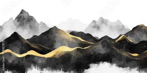Abstract watercolor painting of mountains with golden lines. white background