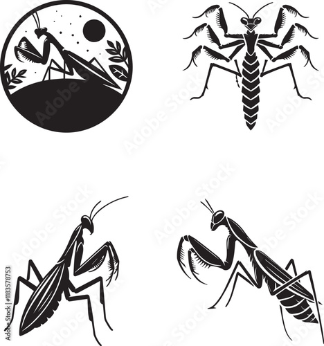 Praying Mantis Silhouettes Set - Black Insect Vector Illustration