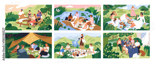 Picnic in summer nature, set. Happy people groups relaxing with food outdoors. Families and friends gathering, relaxation in park, garden, by lake, at backyard table. Flat vector illustrations