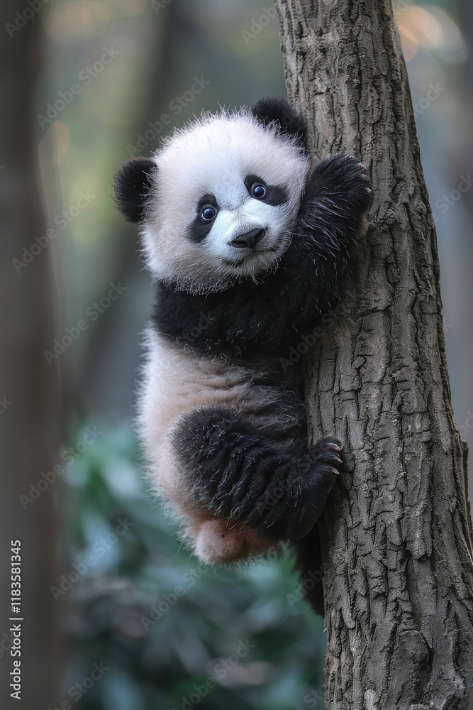 Obraz premium Cute panda animal background with view of the wild forest and tree ai generated