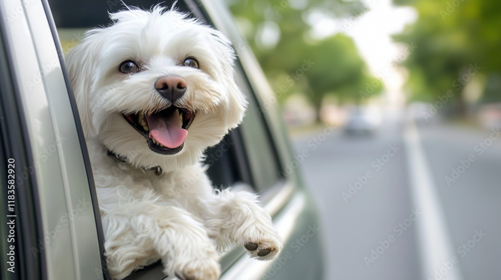 Happy Dog Enjoying the Ride with Head Out of Car Window Happy Dog Enjoying the Ride with Head Out of Car Window