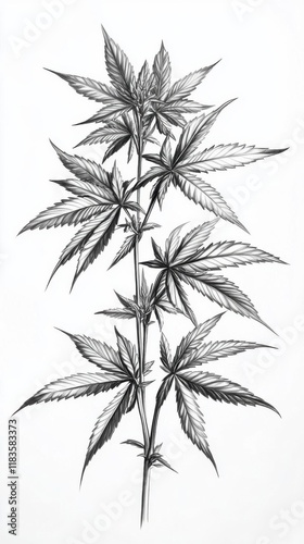 Cannabis Plant Grows Tall with Detailed Leaves, Botanical Study, Pencil Sketch