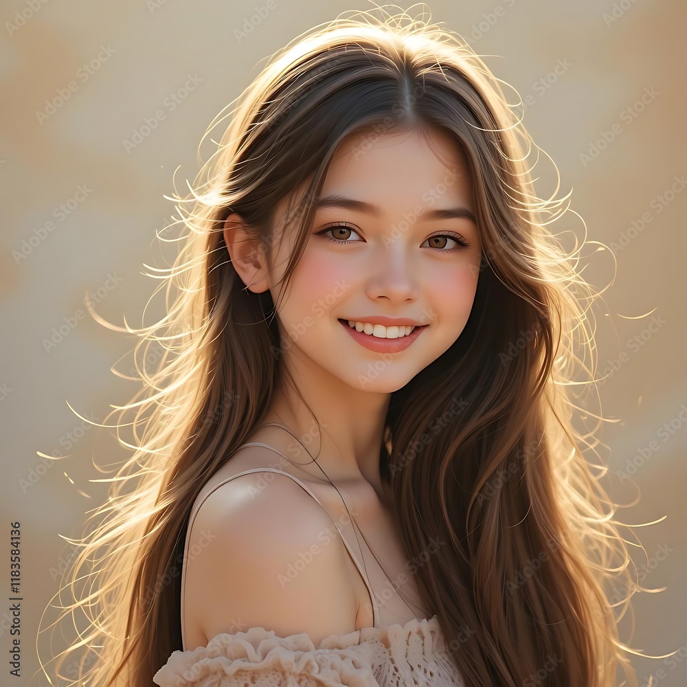 Fototapeta premium A close-up portrait of a smiling young girl with long, flowing light brown hair