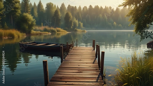 Boat in lake near wooden pier cartoon background. Boat in lake near wooden pier cartoon