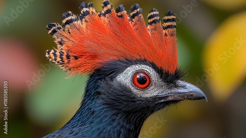 Close-up profile of a crested bird with vibrant red and black plumage. photo