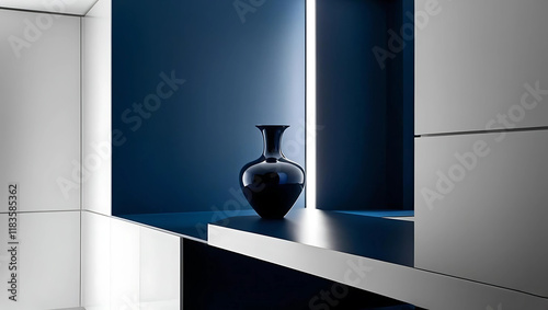 Sleek, glossy blue vases in a modern, minimalist setting with geometric shapes and reflections, creating a contemporary artistic aesthetic