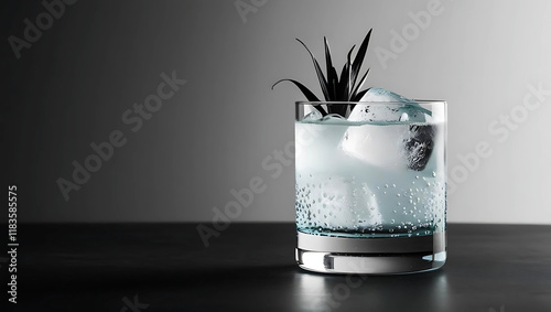 A vibrant cocktail featuring large ice cubes, garnished with fresh herbs and berries, set against a sleek, reflective surface