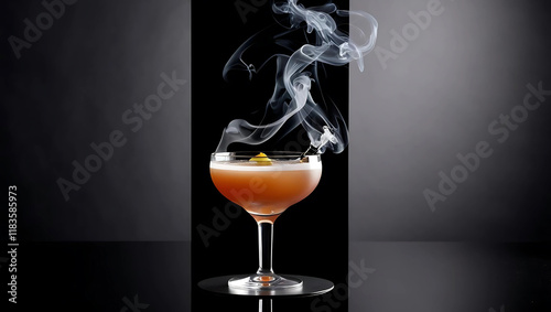 Design ohne TA sophisticated cocktail in a coupe glass, garnished with a lemon twist and emitting elegant smoke tendrils against a dark backgrounditel - 1