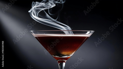 A close-up of a martini glass filled with a dark cocktail, topped with swirling smoke against a dark background, creating a mysterious and elegant scene