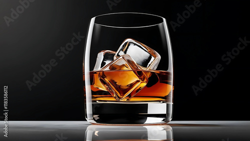 A close-up of a glass of whiskey with large ice cubes against a dark background, showcasing the clarity and texture of the drink and ice