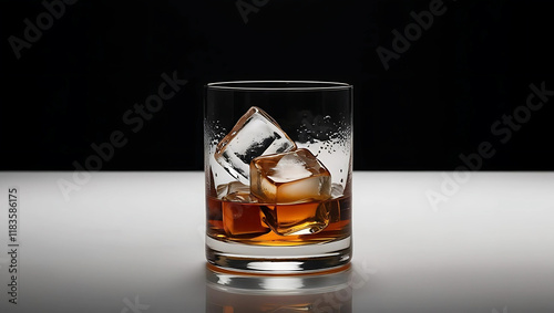 A close-up of a glass of whiskey with large ice cubes against a dark background, showcasing the clarity and texture of the drink and ice