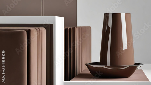 A sleek, brown vase with a modern, minimalist design stands beside a textured, rectangular block against a brown and white backdrop