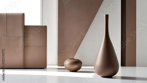 A sleek, brown vase with a modern, minimalist design stands beside a textured, rectangular block against a brown and white backdrop