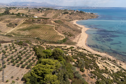 View of the coast and countryside from above in the Menfi area in Sicily
