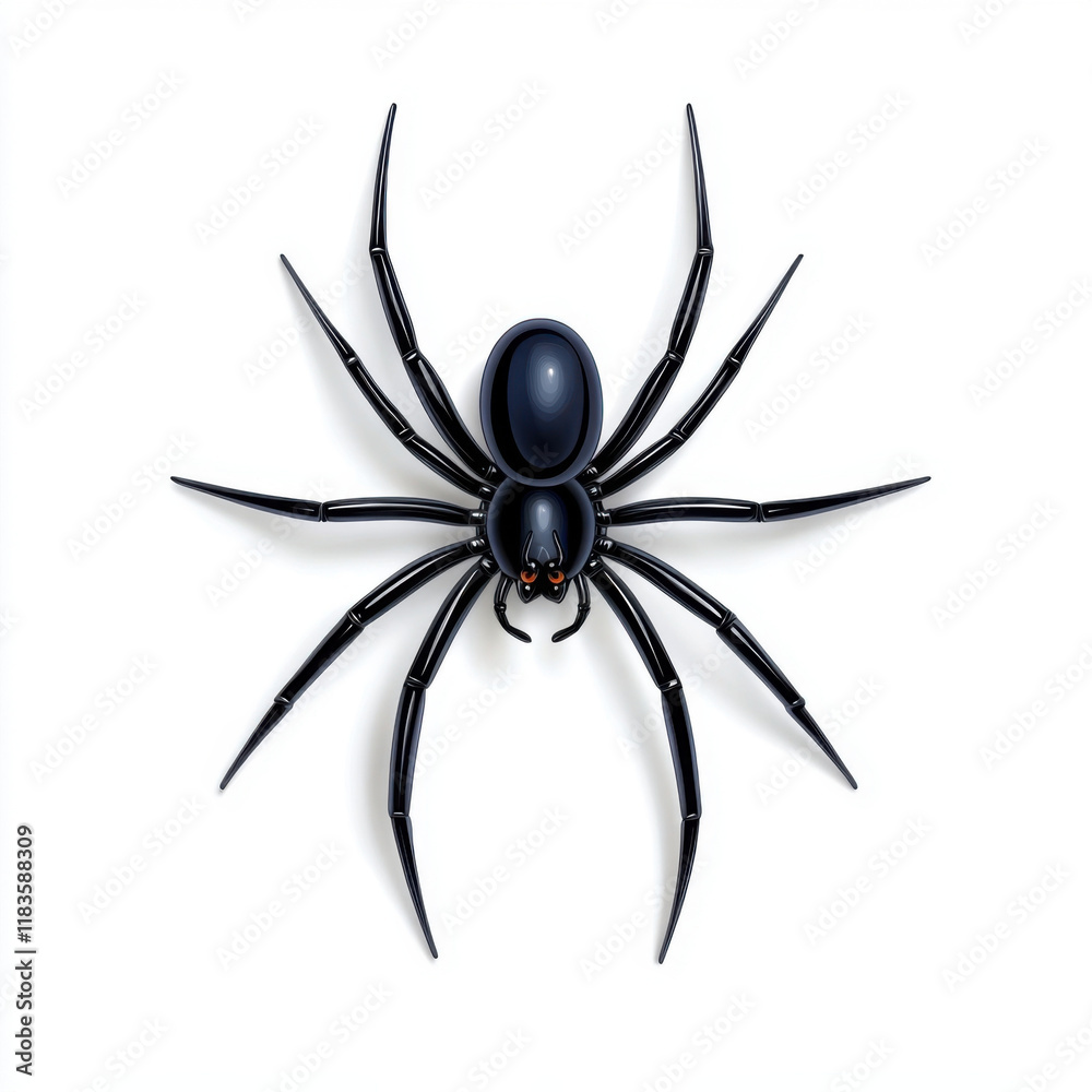 Atop a white background, a black spider's glossy body and eight legs command attention. Atop a white background, a black spider's glossy body and eight legs command attention.