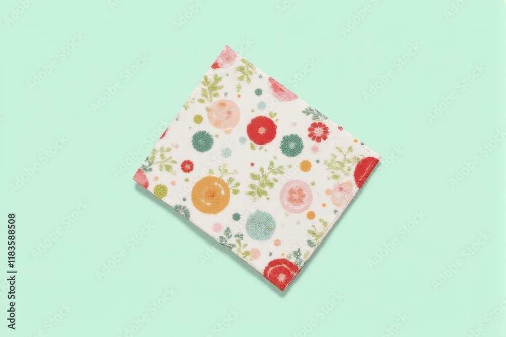 A stylish reusable napkin set with vibrant prints displayed on a pastel mint background A stylish reusable napkin set with vibrant prints displayed on a pastel mint background