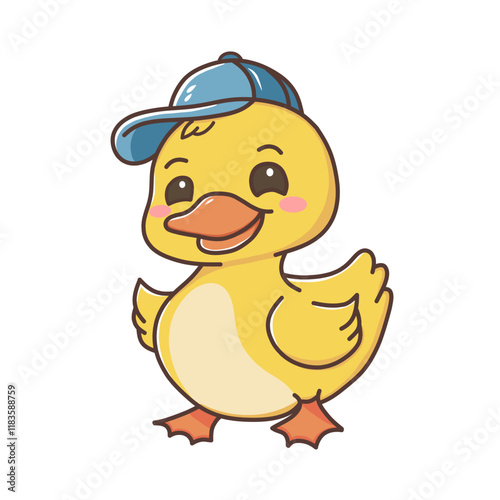 Cute Duck with Blue Hat Hand Drawn Illustration