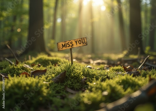 MISS YOU floating above a calm forest floor bathed in morning sunlight with glowing moss and dew covered leaves photo