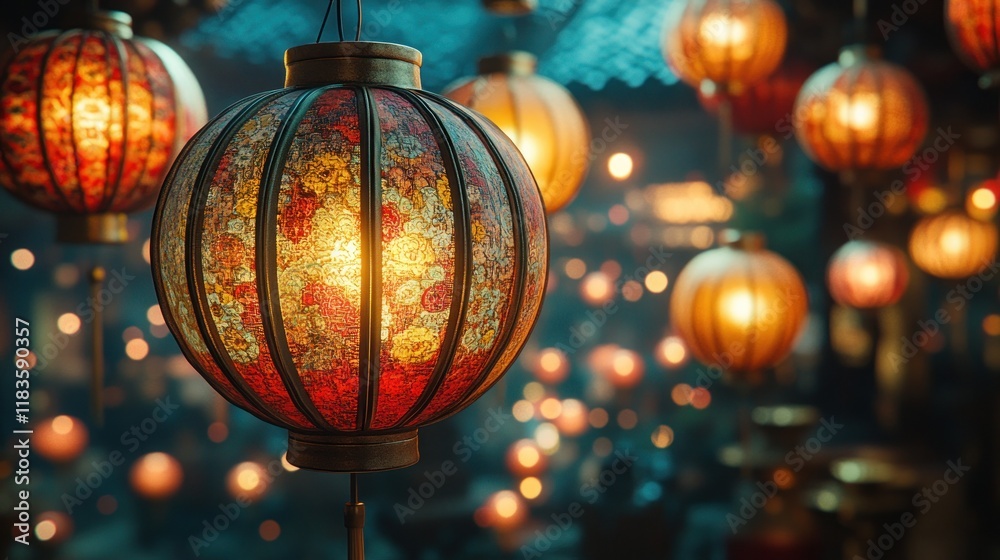 Fototapeta premium Illuminated Asian lanterns hanging at night.