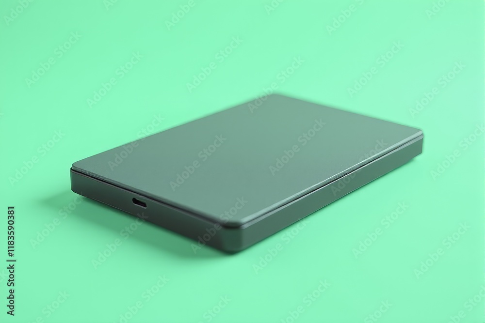 A compact external hard drive with a textured surface on a pastel emerald background A compact external hard drive with a textured surface on a pastel emerald background