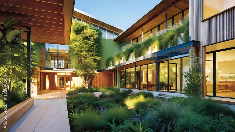 Fototapeta premium Contemporary building with large windows, green walls, and lush landscaping, showcasing sustainable architecture