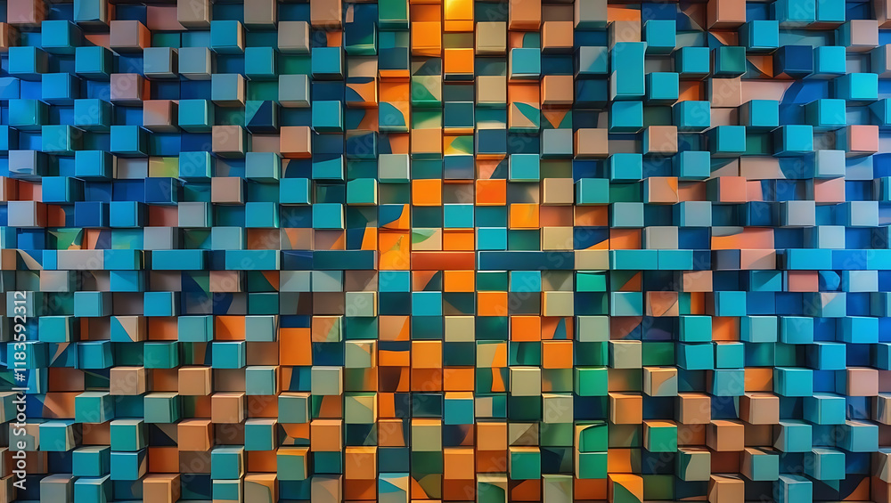 Fototapeta premium A dynamic 3D wall of colorful cubes in shades of blue, orange, and green, creating a visually striking and intricate geometric pattern.