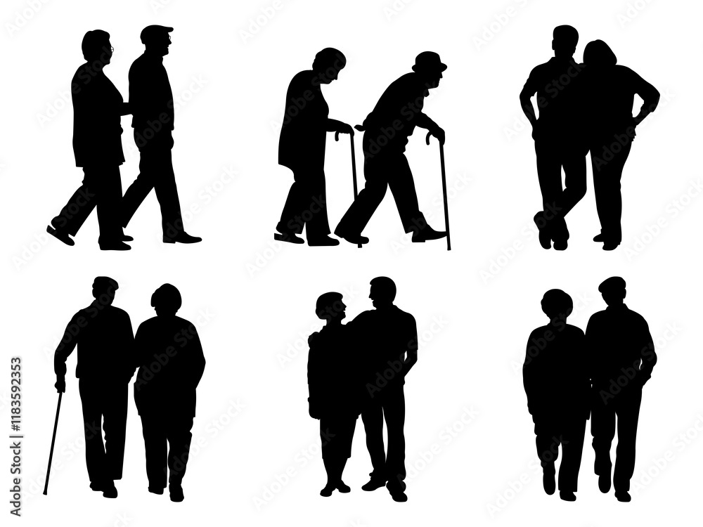 Set of Senior Couple Walking Silhouette in various poses isolated on white background