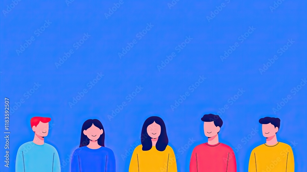 Five diverse people stand against a bright blue background, wearing colorful sweaters and smiling, representing friendship and unity. Five diverse people stand against a bright blue background, wearing colorful sweaters and smiling, representing friendship and unity.